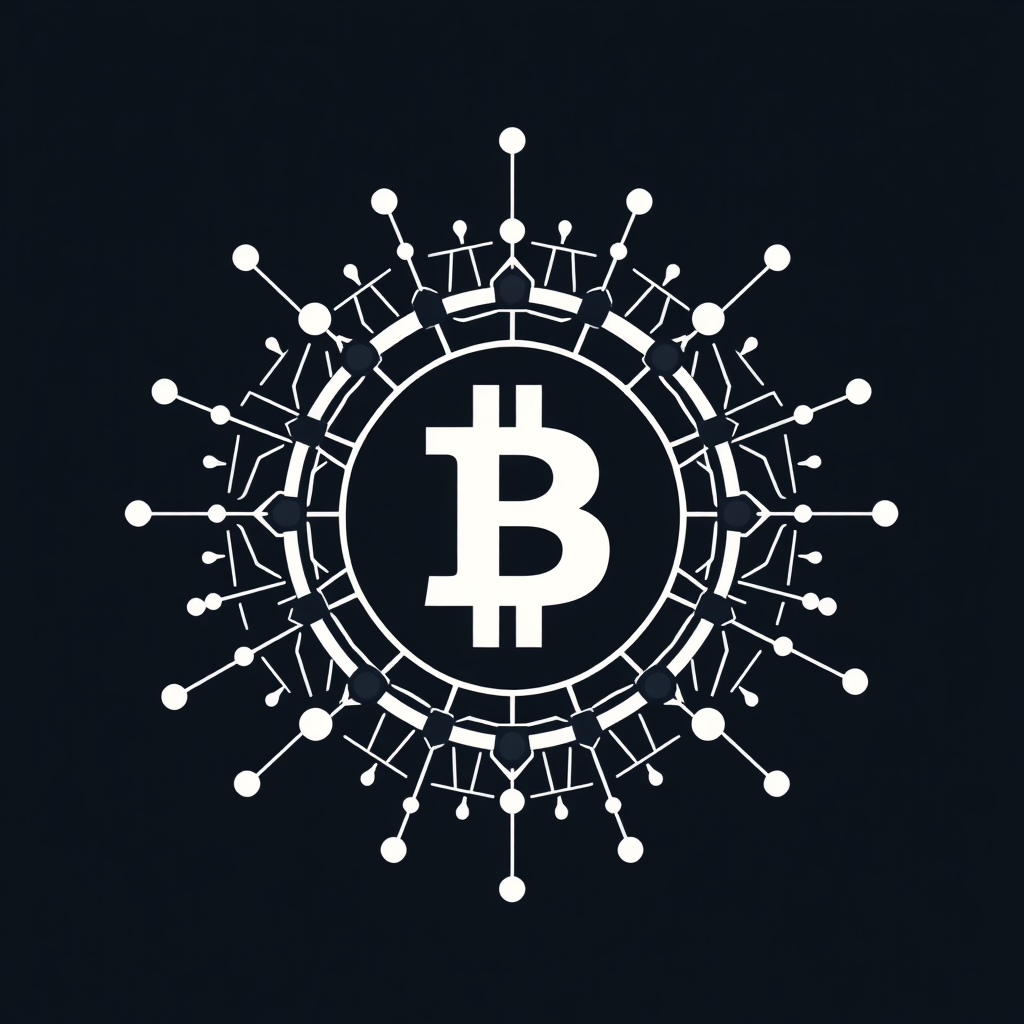 Simple Logo Idea: A stylized Bitcoin 'B' forming the core, with abstract lines or nodes radiating outwards, creating an expanding network pattern that subtly incorporates '2025'.