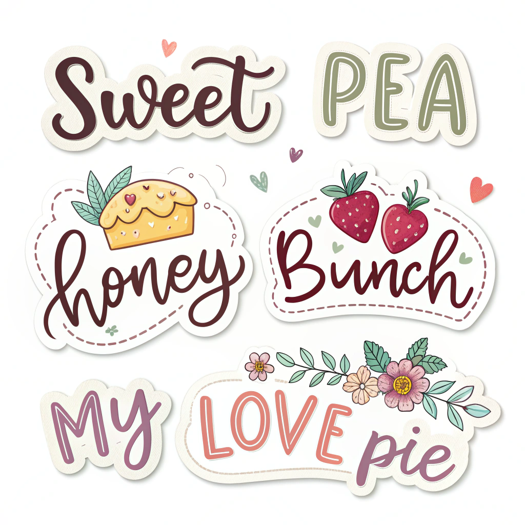 Design a set of stickers with hand-lettered names and nicknames that people might call their loved ones. Examples are: 'Sweet Pea', 'Honey Bunch', 'My Love', and 'Cutie Pie'.