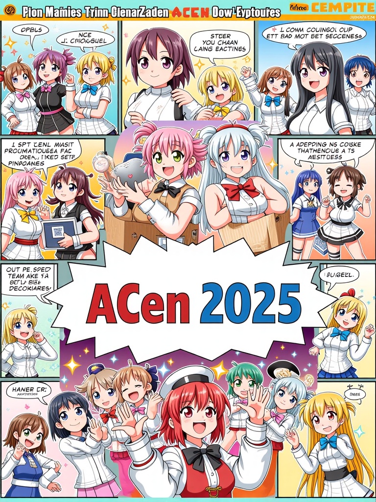 Theme: 'The ACen Chronicle'. A multi-panel illustration, styled like a dynamic manga spread or a continuous scroll. Each panel or segment is illustrated by a different artist, telling a short, collective story about the excitement of Anime Central, culminating in a celebratory group shot or scene with 'ACen 2025' prominently displayed.