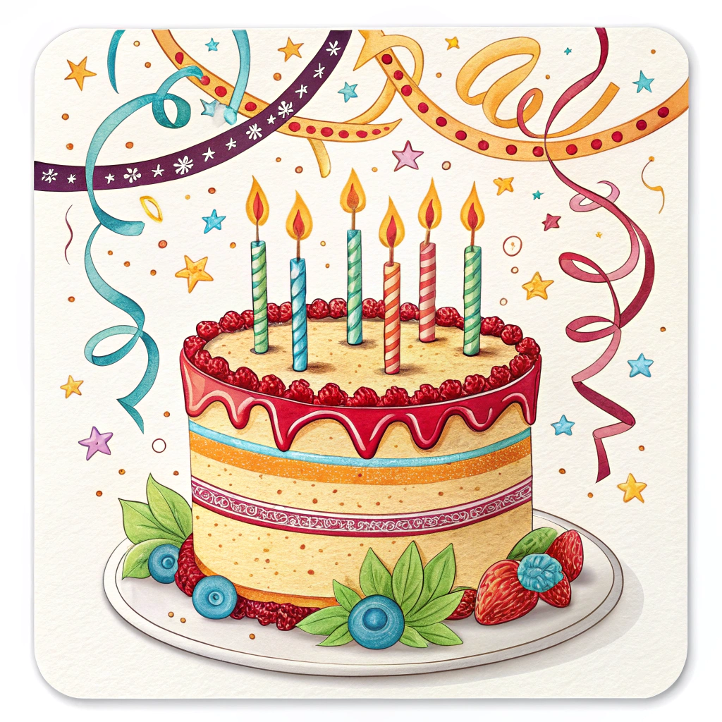 Sub Design 2: A rectangular sticker featuring a birthday cake with lit candles, and streamers draped across the top.