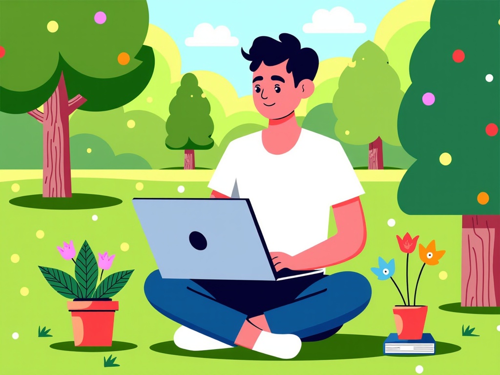 A young professional sits in a park, balancing a flat design laptop on their knees. The portable design allows for enjoying work and nature, demonstrating digital nomadism at its best.