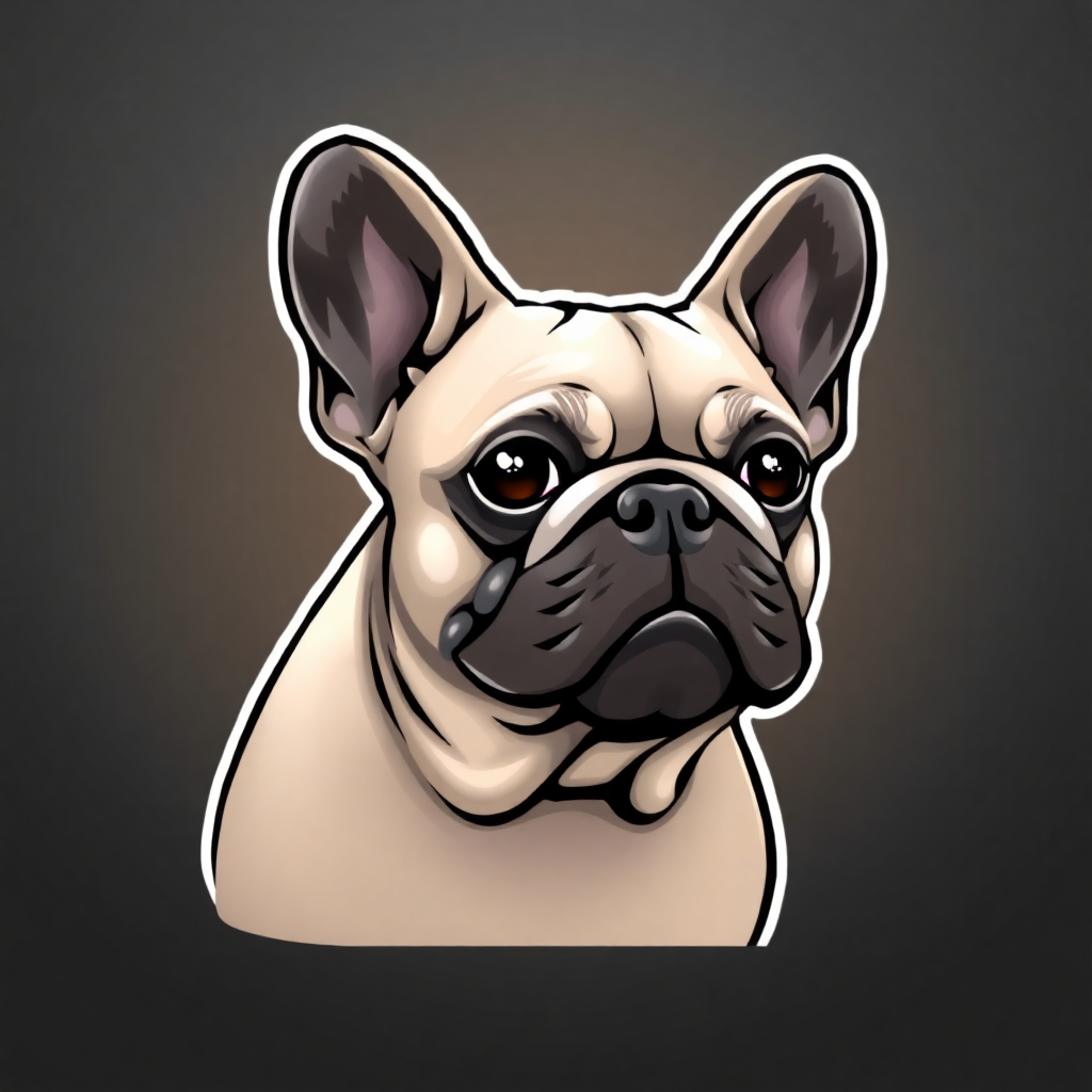 The image is a digital illustration of a French Bulldog's face. The dog is facing towards the right side of the image and is shown in a side profile. It has a round head with two large ears on either side of its head and a small nose. Its eyes are large and round, and its mouth is slightly open, as if it is looking directly at the viewer. The background is black, making the dog's fur and features stand out. The overall style of the illustration is simple and cartoon-like.