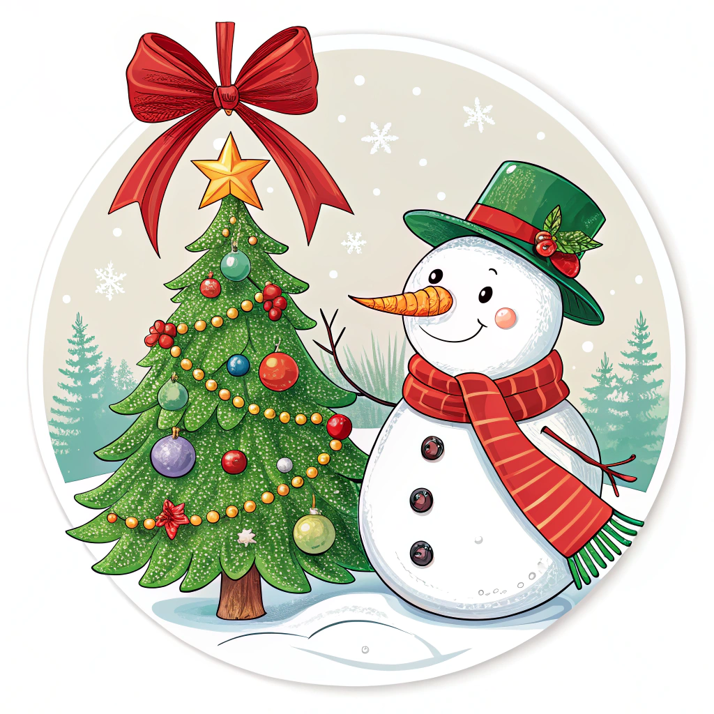 The image shows a snowman standing next to a Christmas tree adorned with colorful ornaments, a star, and a red ribbon. The snowman is wearing a green hat and scarf, and the background is white.