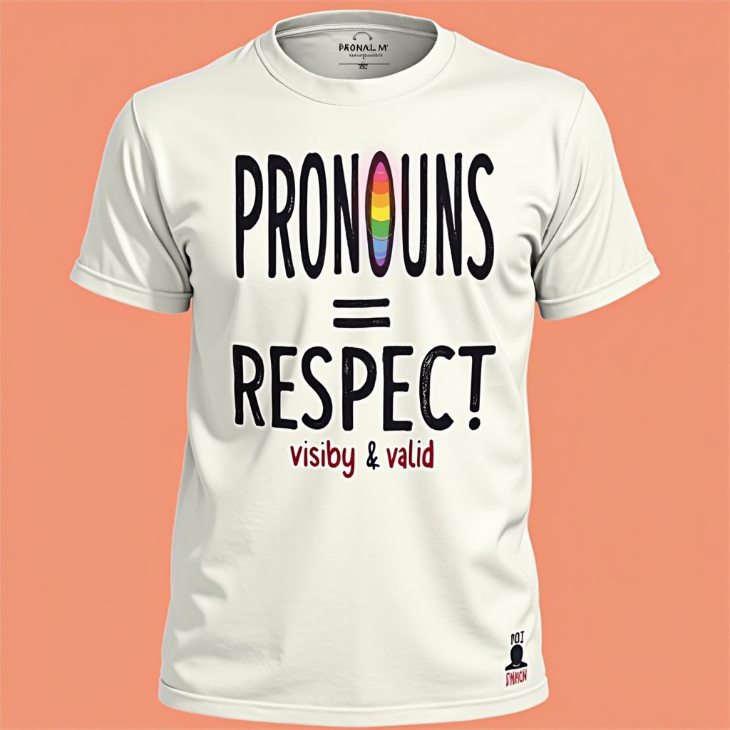 Bold Statement with Iconography: A minimalist design with a strong, direct statement like 'PRONOUNS = RESPECT' or 'VISIBLE & VALID.' This could be paired with a simple, inclusive icon representing gender diversity or a speech bubble emphasizing voice.