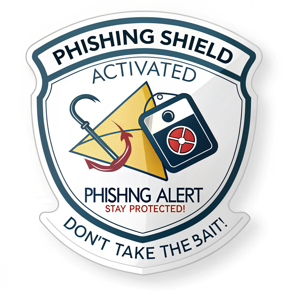 Protective Shield Emblem: A modern shield emblem featuring a stylized crossed-out fishing hook or a warning symbol over a suspicious email icon. Text: 'Phishing Shield Activated' or 'Phishing Alert - Stay Protected!' and 'Don't Take the Bait!'.