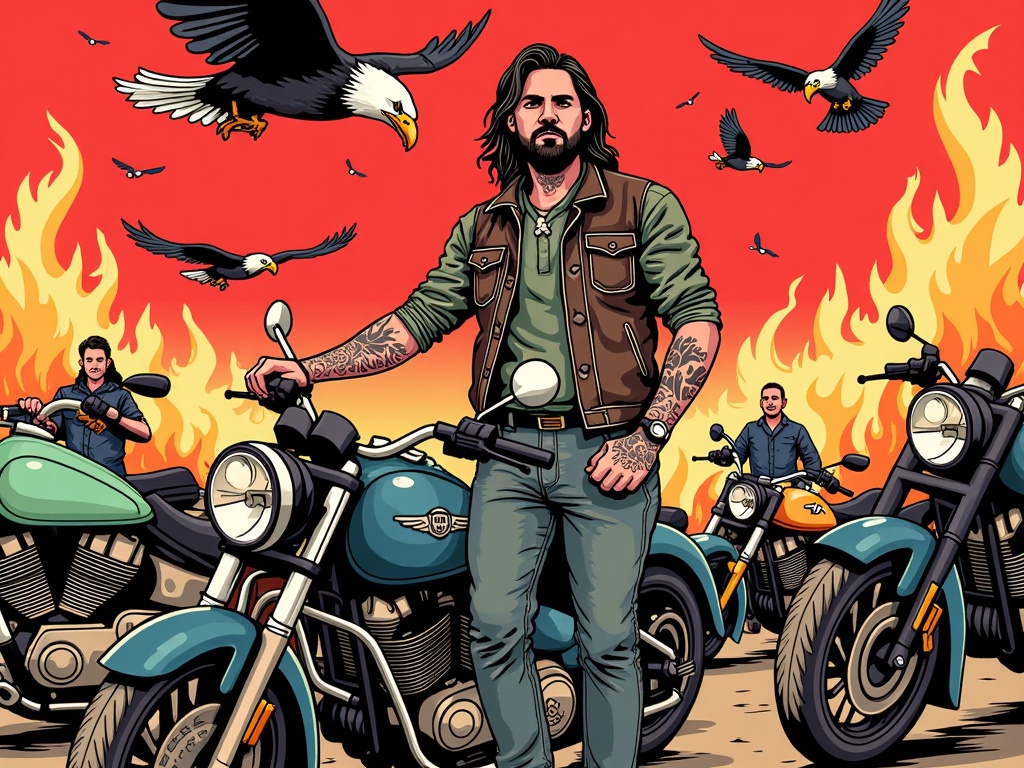 Vintage Motorcycle Rally Poster: Incorporate distressed textures, classic Western or biker-style fonts, imagery of eagles, flames, or classic bikes, and a desaturated color palette with pops of bold red or orange, framing a rugged illustration of Post Malone.