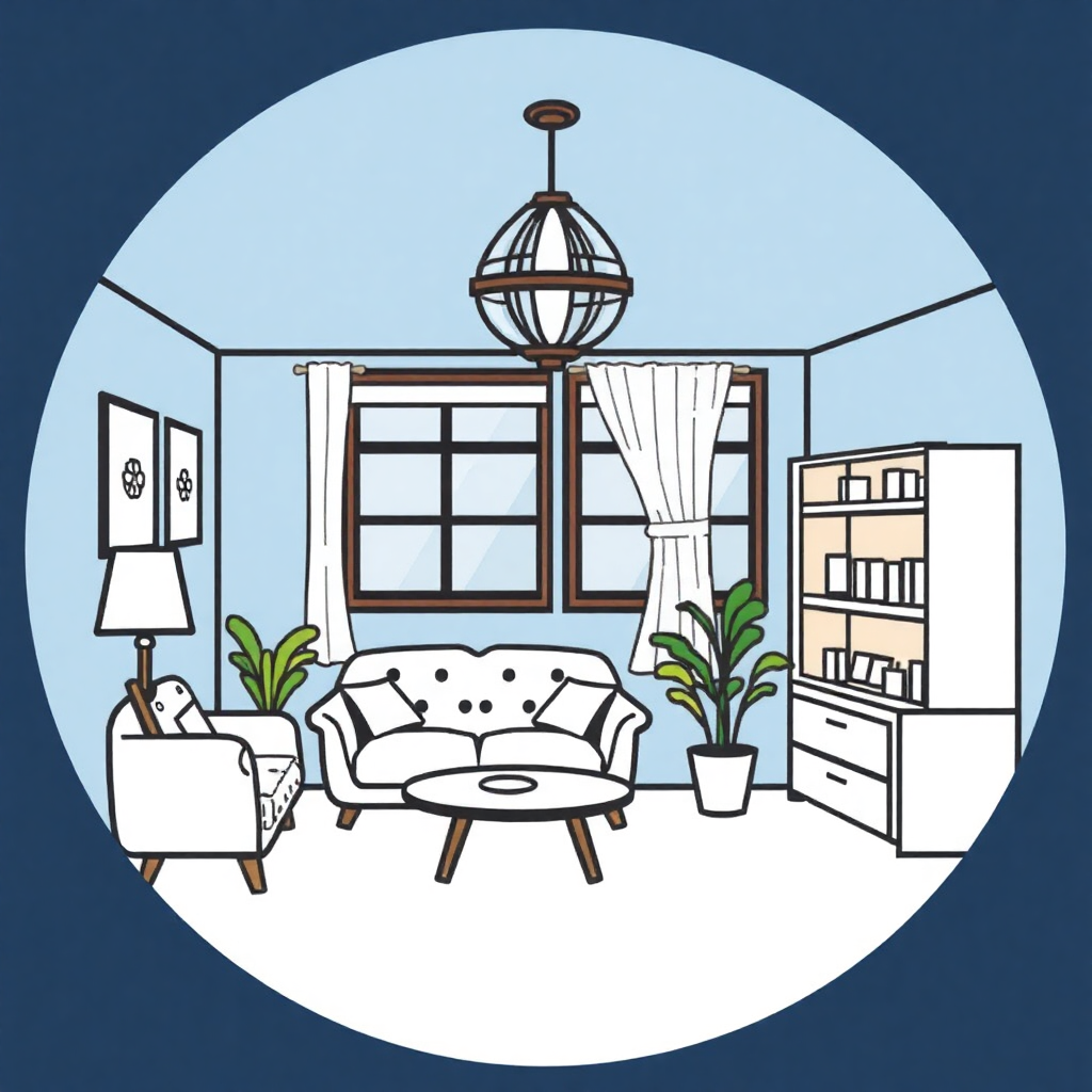 The image is an illustration of a living room with a blue background. The room has a large window with white curtains and a chandelier hanging from the ceiling. There is a white sofa with black polka dots in the center of the room, a wooden coffee table in front of it, and a white armchair on the left side. On the right side, there is a bookshelf with books and plants on top. The walls are painted in a light blue color and there are two framed pictures hanging on the wall. The floor is covered with a white rug.