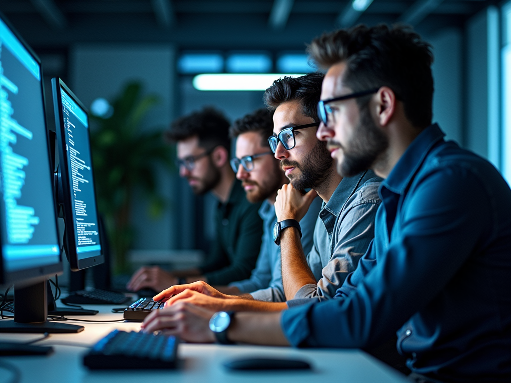 The department's IT team solving a complex problem on screens filled with code, in a room packed with the latest computing technologies.