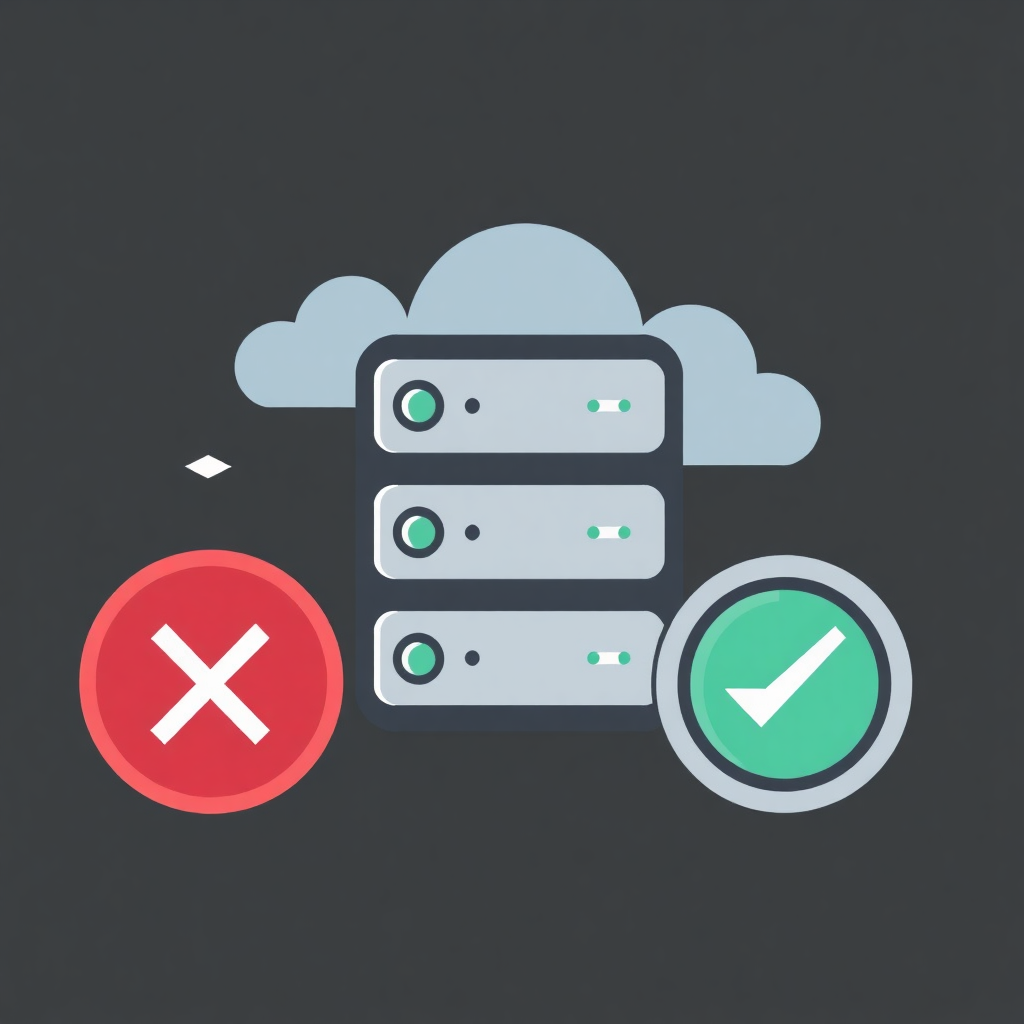 The image is an illustration of a server with a cloud above it. The server is in the center of the image and is grey in color. On the left side of the server, there is a red circle with a white cross in the middle, indicating that the server has been approved or approved. Next to the cloud, there are two green checkmarks, one on the right side and one in the bottom right corner. The background is black. The overall design is flat and minimalistic.