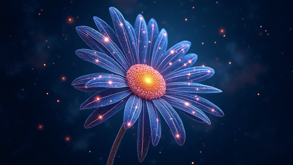 Cosmic Daisy Constellation: The daisy formed by interconnected glowing neon 'stars' and lines, resembling a celestial constellation on a deep indigo background with subtle nebula textures.
