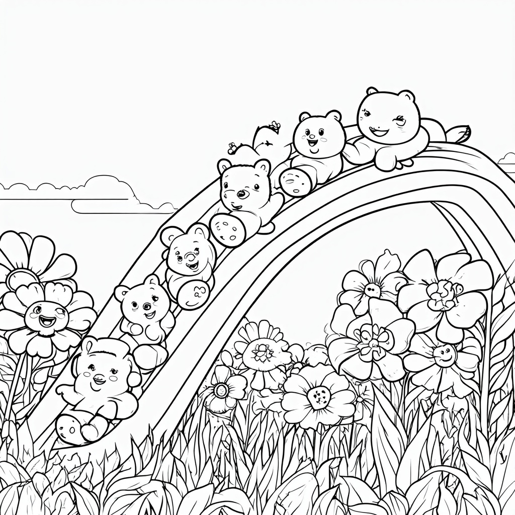 Gummy bears joyfully sliding down a rainbow that ends in a field of oversized, colorful flowers.