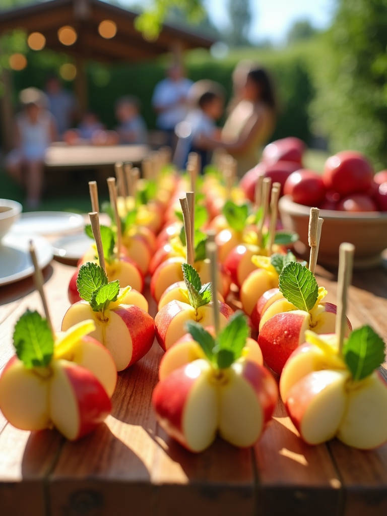 Apple slices skewered on decorative sticks, alternating with lemon zest pieces and mint leaves, offered as a fun and interactive treat.