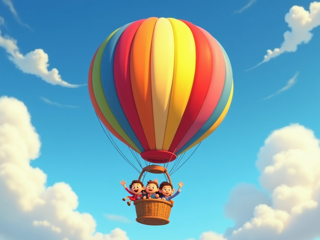 A whimsical hot air balloon with rainbow stripes, carrying a basket of tiny, smiling cartoon figures.