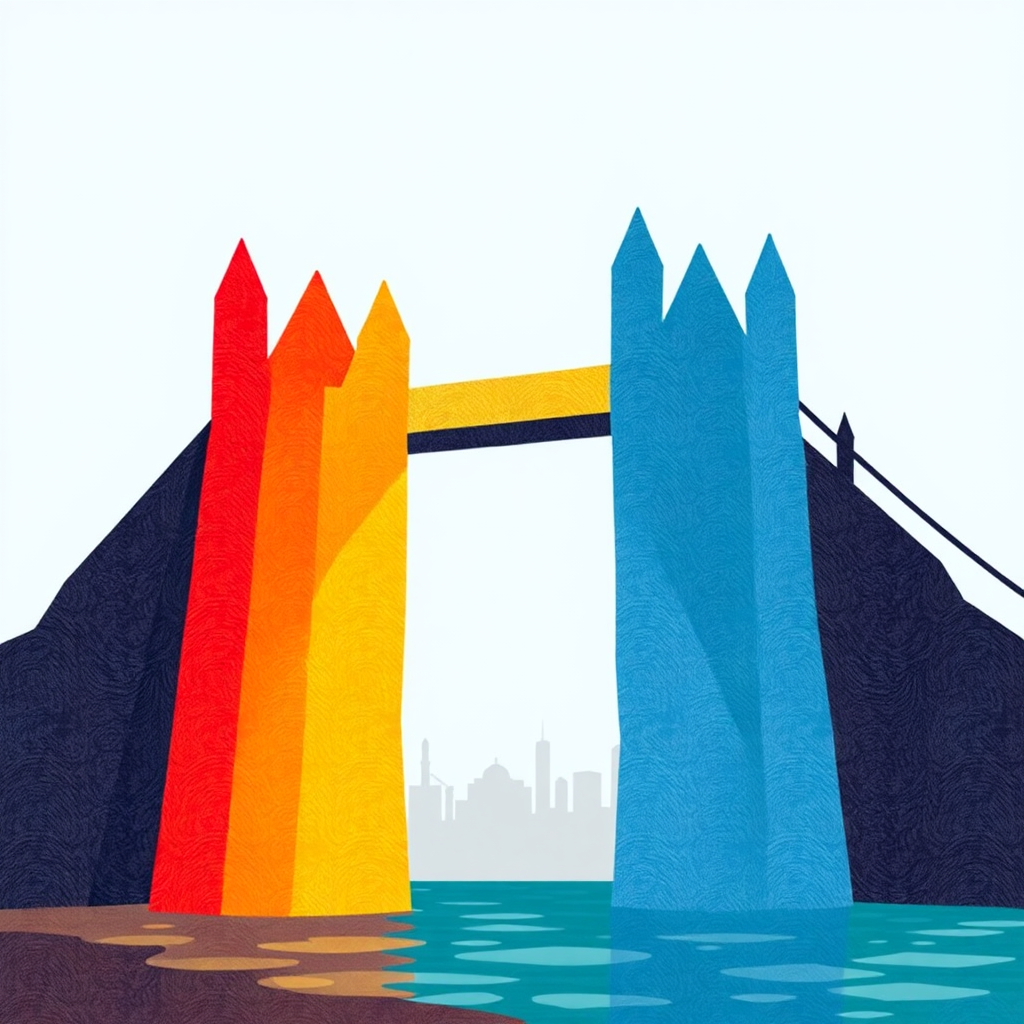 An abstract representation of a bridge, where one buttress is built from textures or patterns representing historical LGBTQ+ struggles/heritage, and the other side reaches towards a bright, open horizon. The span of the bridge could incorporate the progressive pride colors or silhouettes of various world landmarks.
