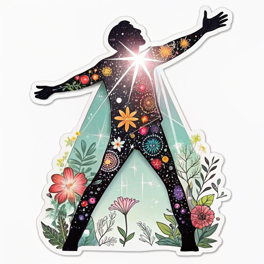 Abstract performer silhouette where the body is composed of or dissolving into glowing geometric shapes, light beams, or floral patterns inspired by EDC's art installations and stage designs.