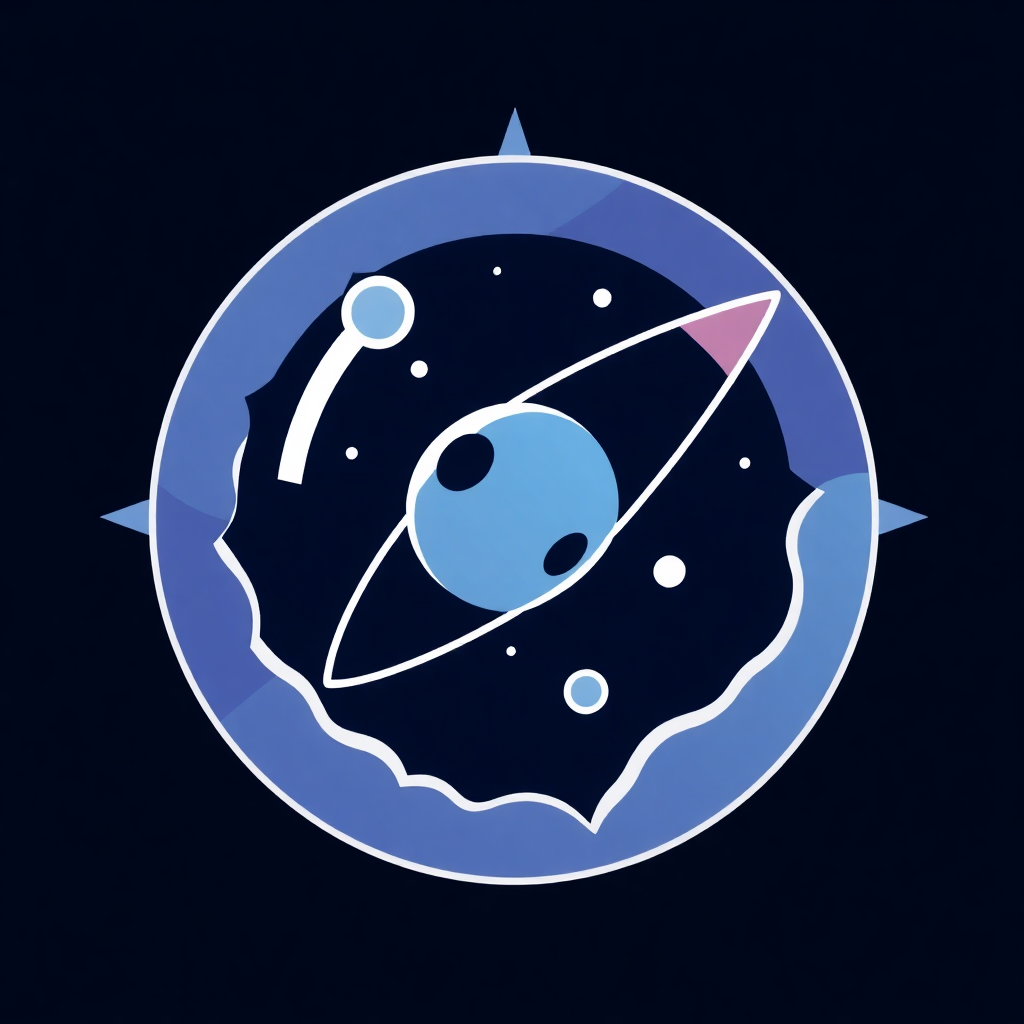 The image is a circular illustration with a dark blue background. In the center of the circle, there is a blue planet with white dots scattered around it. The planet appears to be floating in space, with a pink triangle on the right side of the image. The triangle has a small white dot in the center, which could be a comet or a comet. The overall design is simple and minimalistic.