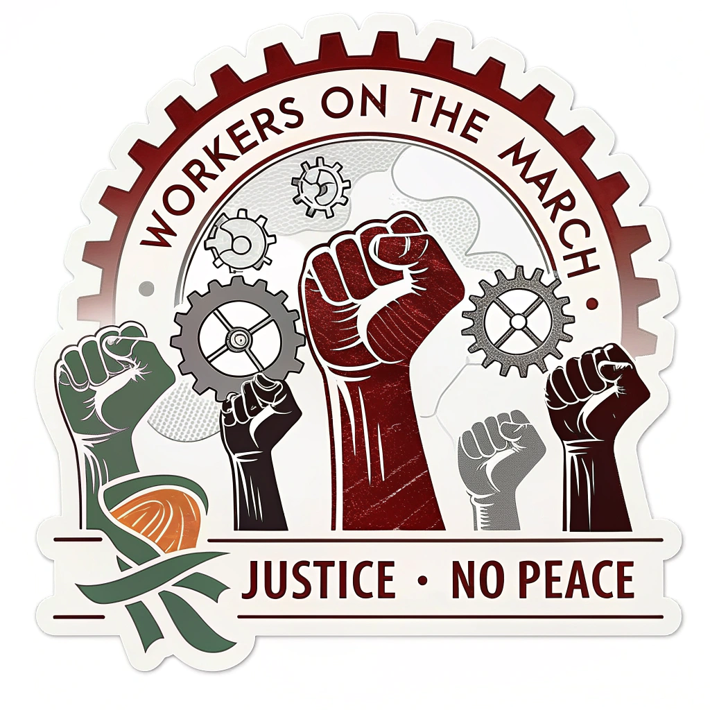 Design 2: Interlocking Gears & Hands - A central graphic showcasing interlocking gears turning into raised hands and fists, symbolizing worker power and unity. Text 'Workers on the March' could curve around the graphic, with 'No Justice, No Peace' prominently displayed.