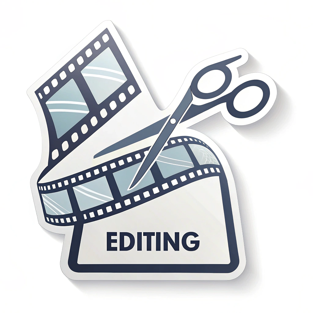 Simple Icon Idea for 'Editing': A sharp, vector icon showing a segment of a film strip being cleanly bisected by a pair of modern, graphic scissors, symbolizing the video editing process precisely.