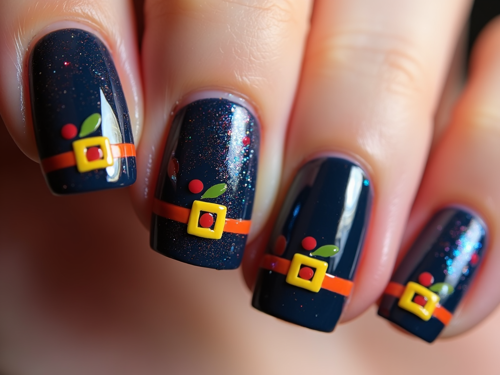 Nails designed with whimsical pilgrim hats and tiny cranberry motifs against a festive, glittering navy backdrop.