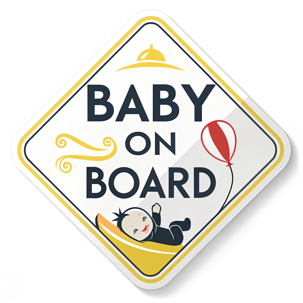 A safety-focused design with a bright yellow background and a bold 'Baby on Board' warning sign, ensuring high visibility.