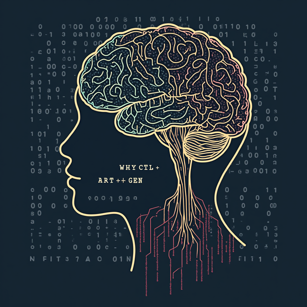 An artistic representation of a human brain or hand silhouette merging with digital elements like circuitry, binary code, or a stylized neural network. The text 'CTRL+ART+GEN' is integrated as a connective label, bridge, or commands initiating this synthesis. 'Generative AI' could be subtly watermarked in the background.