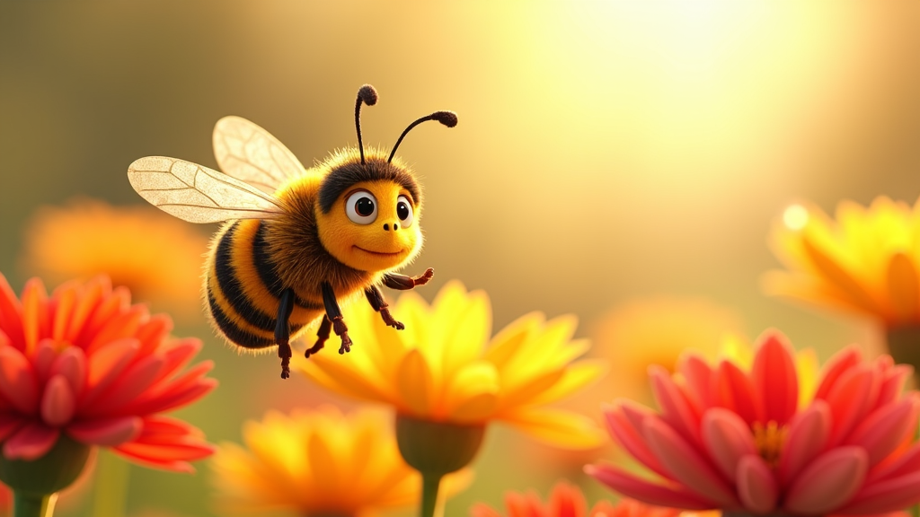 A cartoon bee happily collecting pollen from a colorful array of bright red and yellow flowers below, in a sunlit meadow.