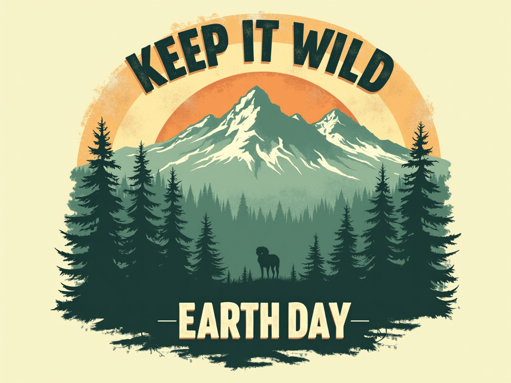 A vintage National Park poster style T-shirt featuring a stylized natural landscape (e.g., mountains, forest) with bold, retro typography like 'Keep It Wild - Earth Day'. Use a limited, earthy color palette and a subtle distressed texture.