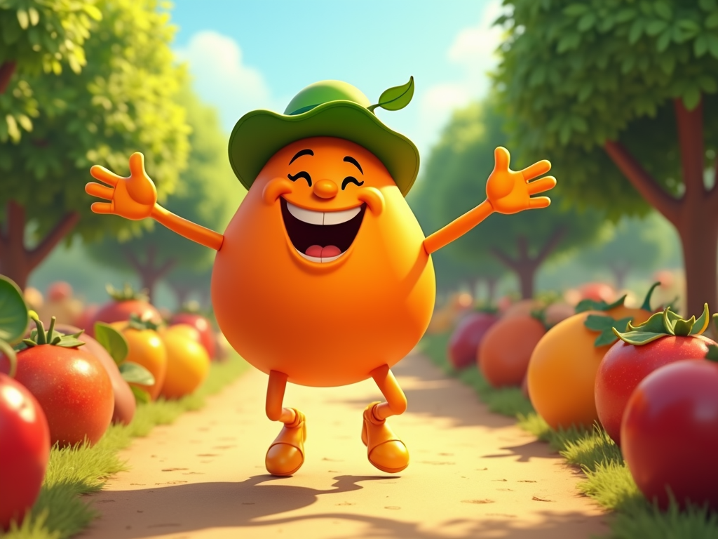  a cartoon character in the middle of a tomato field. The character is orange in color and is wearing a green hat with a leaf on top. It has a big smile on its face and arms and legs, and its arms are stretched out to the sides. It appears to be happy and excited. The field is filled with rows of tomatoes, and there are trees in the background. The sky is blue and the overall mood of the image is cheerful and playful.