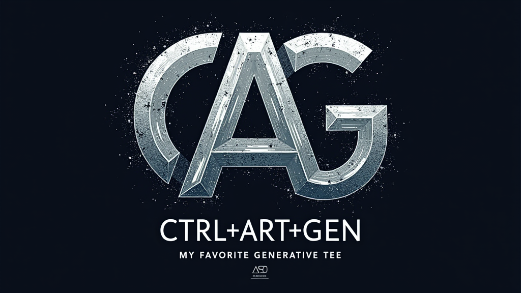 A design centered around large, stylized letters 'C', 'A', 'G' (derived from CTRL, ART, GEN) forming an interconnected abstract graphic or monogram. Within and around these core letters, subtle textures or patterns alluding to AI-generated art (e.g., pixel sorting, algorithmic fractals, morphing shapes) are integrated. The full 'CTRL+ART+GEN' text and 'My Favorite Generative Tee' slogan can be smaller, complementary text elements.