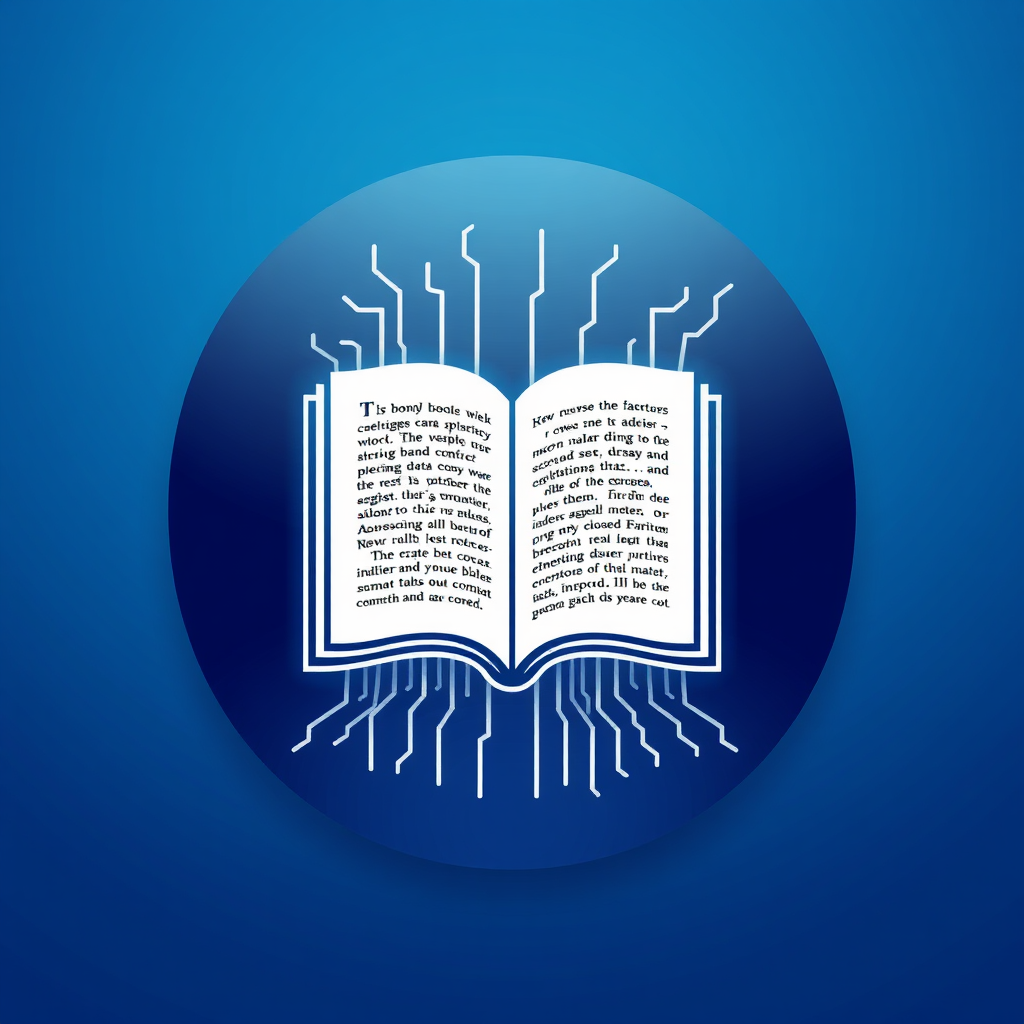 An open book icon morphing into digital data streams (binary code or abstract lines) to show text analysis and processing.