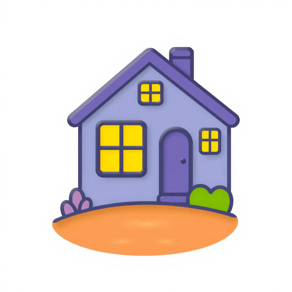 The image is a cartoon illustration of a small house. The house is a two-story structure with a sloping roof and a chimney on the right side. It has a purple exterior with two windows on the front and a purple door on the left side. There are two small bushes on either side of the door and a small patch of grass on the ground in front of the house. At the bottom of the image, there is an orange circle. The background is white.