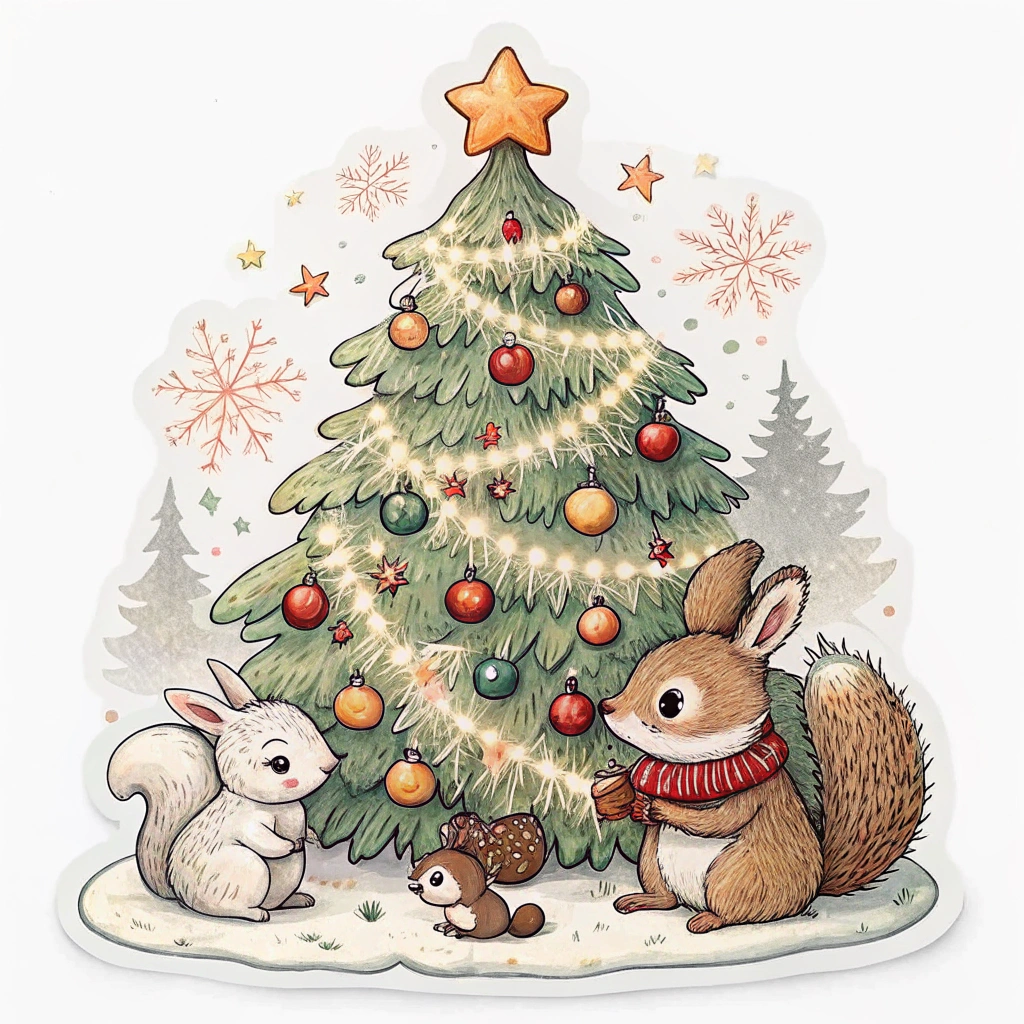 An adorable Christmas tree sticker featuring small woodland creatures like squirrels and rabbits nestled around the base, conveying a warm and cozy vibe.