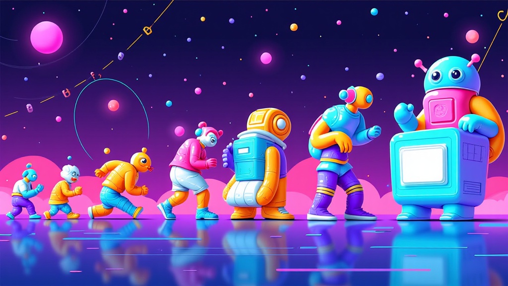 Sub-design idea 2: A visual timeline or carousel depicting the evolution of AI illustration styles, starting from pixelated or abstract forms to hyper-realistic or uniquely stylized future aesthetics.