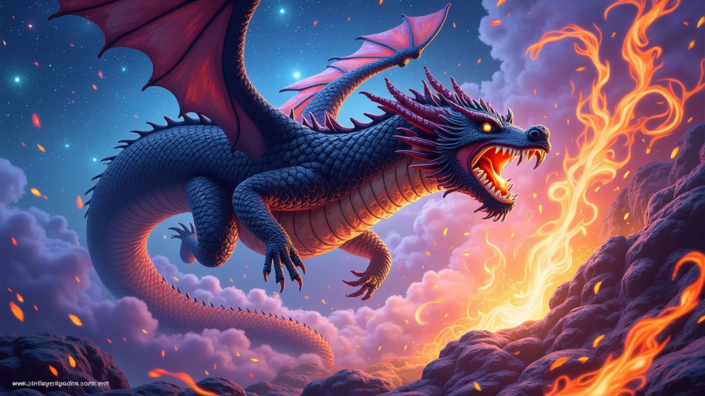 The Last Dragon's Roar: A colossal, bio-luminescent dragon, its scales a tapestry of dark, iridescent colors, unleashes a spectral roar that warps the very fabric of reality around it. AI generation can emphasize the creature's unique design and the destructive energy effects.