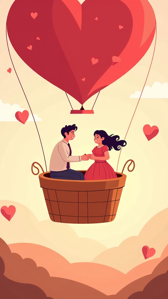 Close-up of a couple inside the heart balloon basket, holding hands and gazing lovingly at each other, with a blurred landscape below.