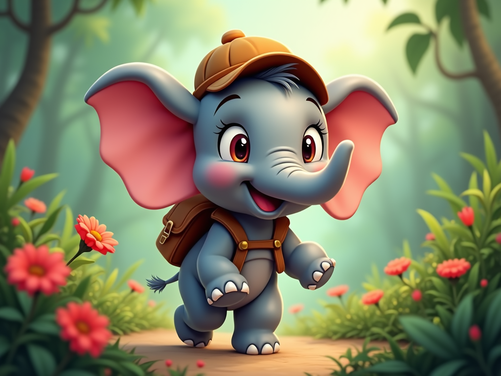 A cute cartoon elephant with big, friendly eyes, wearing a small explorer's hat and carrying a tiny backpack.