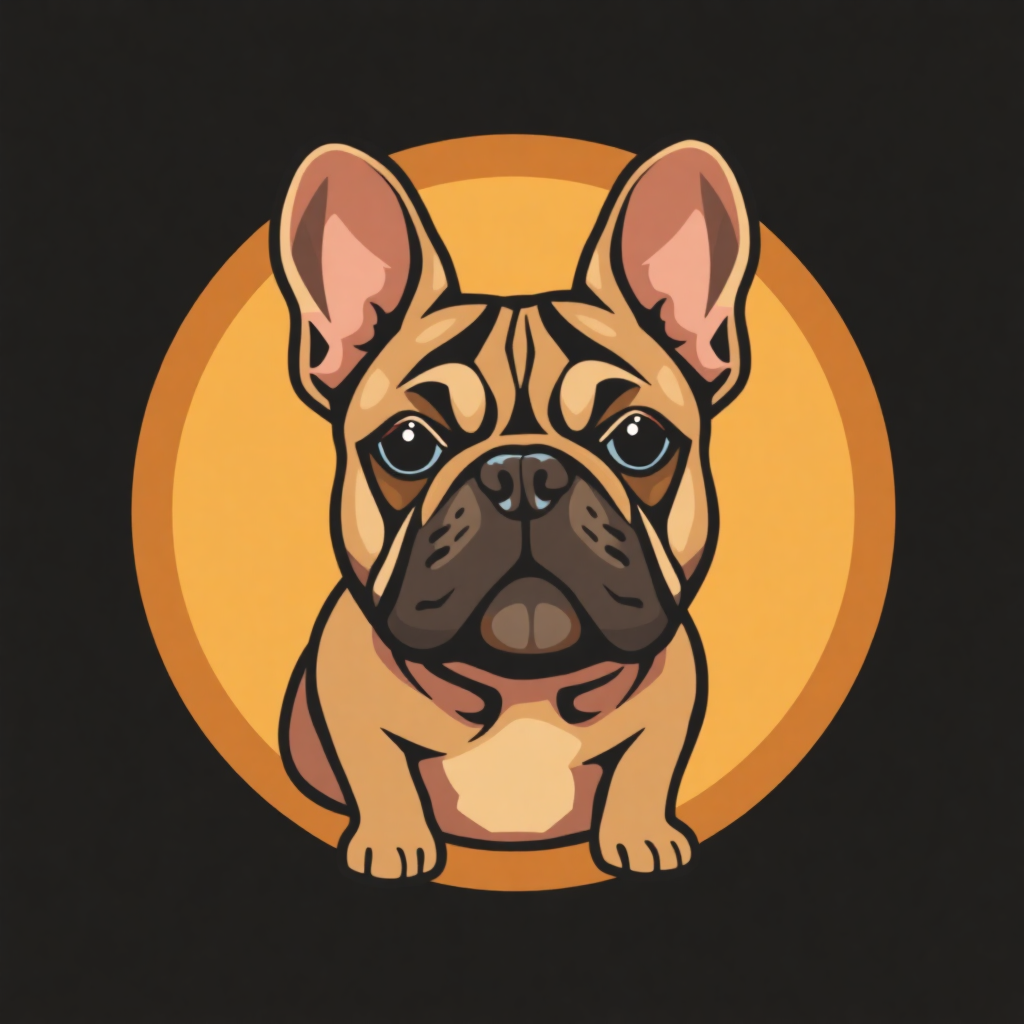 The image is a digital illustration of a French Bulldog puppy. The puppy is sitting in front of a yellow circle, which is the focal point of the image. The background is black, and the puppy is a light brown color with a black nose and ears. It has a sad expression on its face and is looking directly at the viewer with its ears perked up. Its eyes are dark and its mouth is slightly open, as if it is about to bark. The overall style of the illustration is cartoon-like and playful.