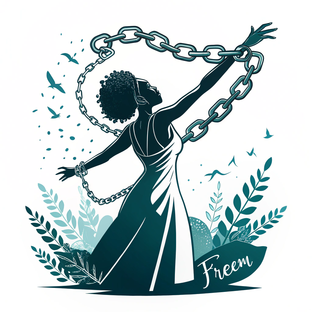 A stylized silhouette of a woman breaking free from chains, symbolizing empowerment and freedom from violence.