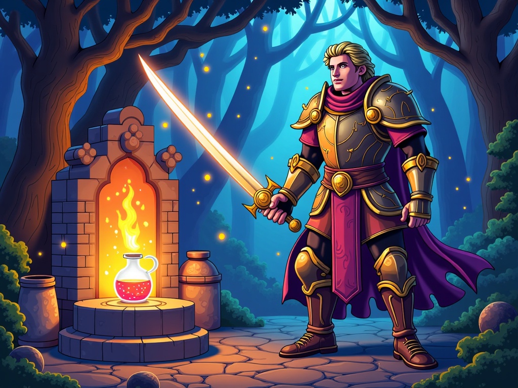 Illustrations focusing on the magical properties of artifacts in action: a scimitar deflecting a curse with a shimmering aura, a potion bubbling with transformative light, or an amulet warding off evil spirits.