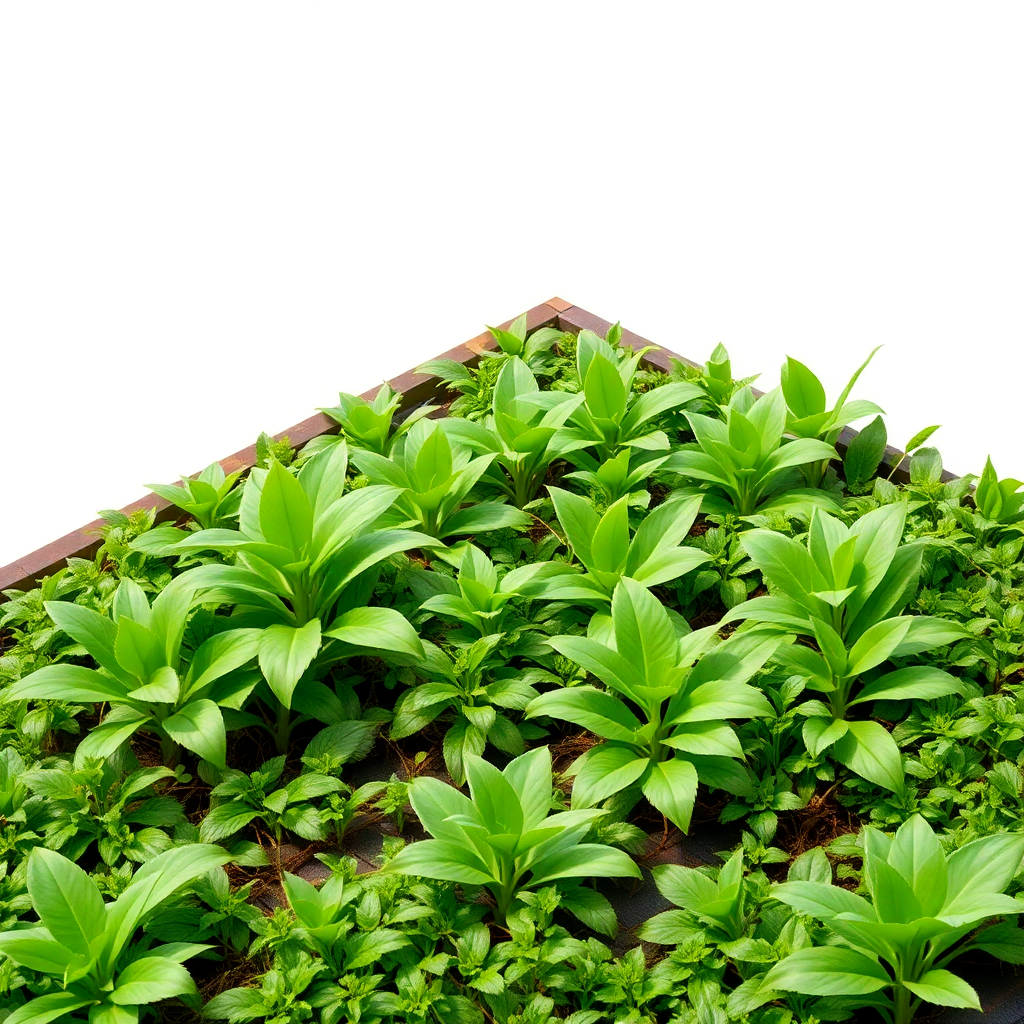 A living roof where plants with broad leaves intertwine to create a natural, organic roofing system, offering shade and temperature regulation.