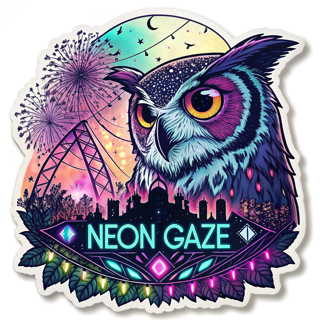 A sticker showing an owl's face emerging from a vibrant, abstract background of neon splashes and pulsating light effects, mimicking the EDC atmosphere. The owl's eyes are depicted as deep, reflective pools, mirroring the neon chaos around them but with a calm, knowing gaze. The phrase 'Neon Gaze' could be incorporated in a futuristic neon font below.