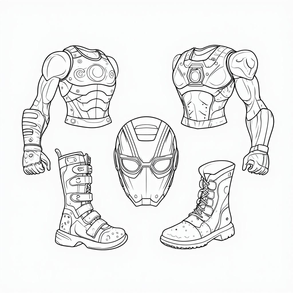 Themed pages grouping masks and gadgets associated with a specific power set (e.g., flight masks and jet boots, super-strength gauntlets and chest plates).