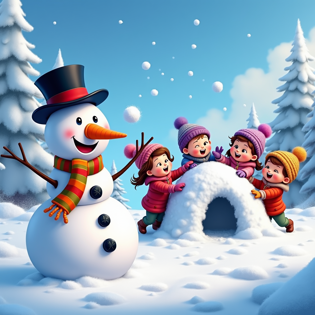 The image shows a group of children playing with a snowman in the snow. The snowman is wearing a top hat and a scarf, and is surrounded by trees covered in snow. In the background, there is a sky with clouds and snowflakes falling from the sky. The image is animated, giving it a festive feel.