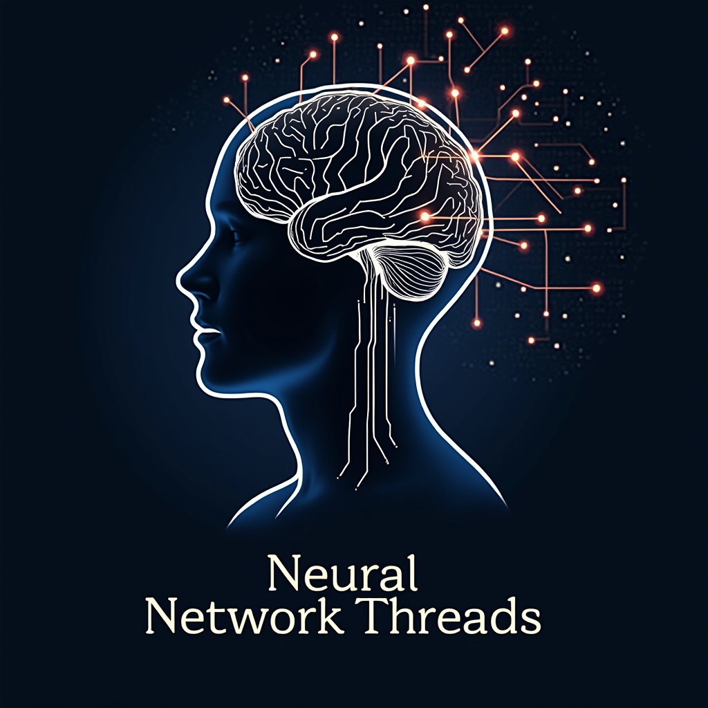 Human-AI Symbiosis Silhouette: A design depicting a human silhouette or brain outline with glowing lines representing neural pathways or digital threads flowing into and out of it, connecting to abstract algorithmic patterns. The phrase 'Neural Network Threads' would complement this imagery.