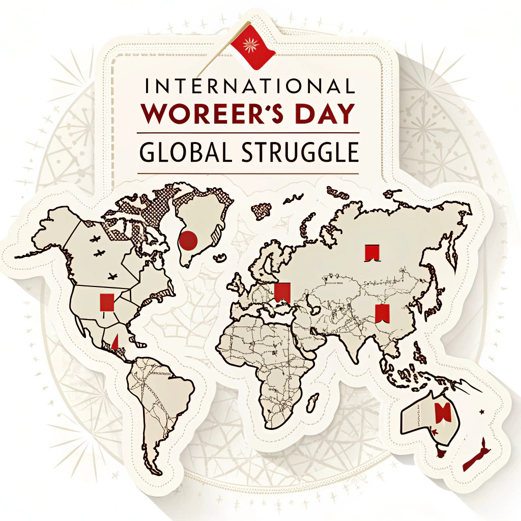 A vintage-inspired map design with a textured background, highlighting key historical locations of major worker strikes or protests with small red flag markers. Titled 'International Workers' Day - Global Struggle'.
