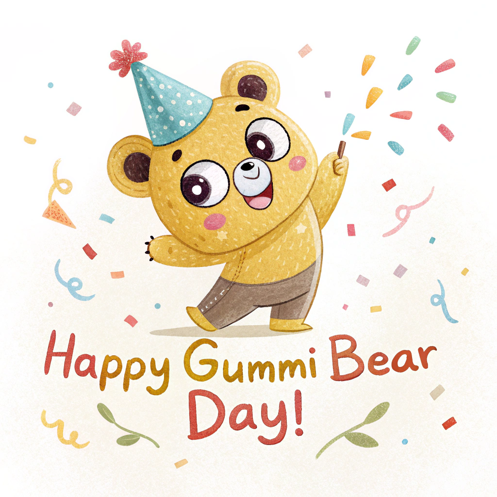 Sticker Design Idea 3: An adorable gummi bear character (e.g., a yellow one) wearing a miniature party hat and joyfully tossing confetti. The text 'Happy Gummi Bear Day!' could be in a bubbly font.