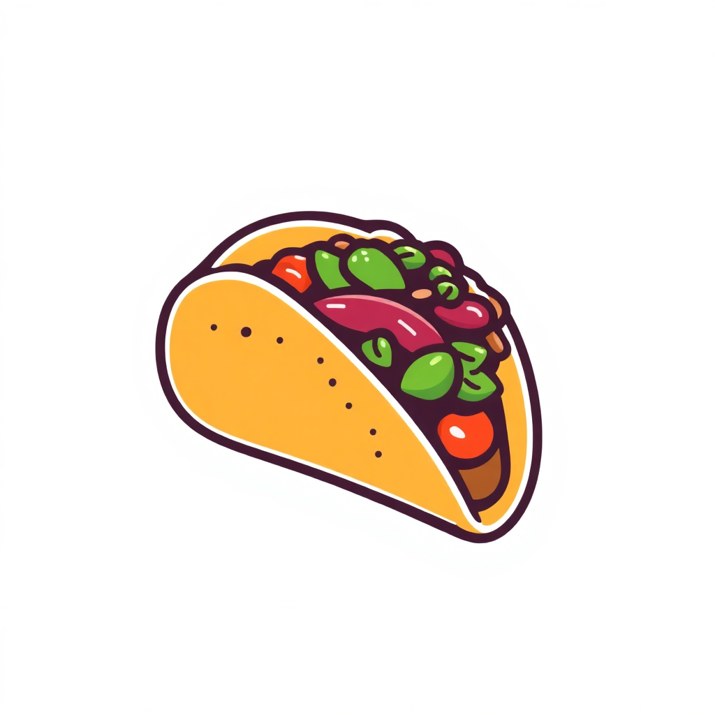 The image is an illustration of a taco. The taco is in the shape of a tortilla and is filled with a variety of colorful ingredients. The ingredients include red, green, and yellow beans, as well as some red and green peppers. The colors are bright and vibrant, and the taco appears to be freshly cooked. The background is white, making the taco stand out.