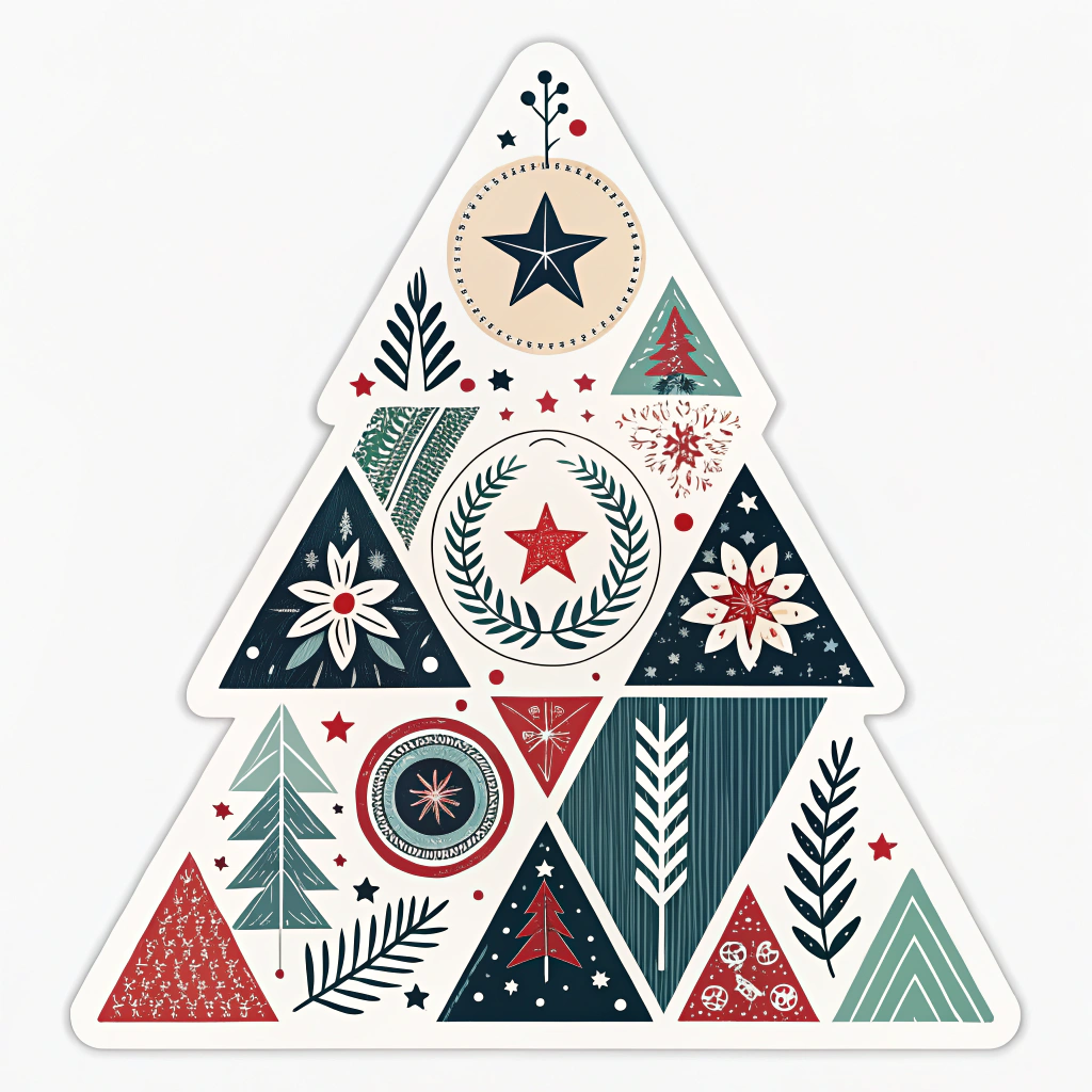 Stylized Christmas tree sticker designed with geometric shapes and patterns, combining modern art with traditional holiday symbols like stars and wreaths.