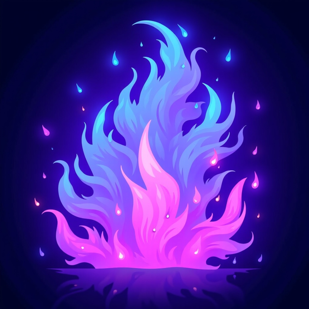 The image is an illustration of a fiery explosion. The background is dark blue, and the explosion is made up of different shades of blue and pink. The blue flame is in the center of the image, with the pink flame on the left side and the blue flame in the middle. The pink flame is on the right side, with small pink and blue drops scattered around it. The explosion appears to be in motion, with smoke and flames rising up from the bottom. The overall effect is one of energy and excitement.