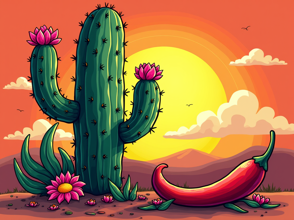 User request (English): Cinco de Mayo T-Shirt Designs - Desert Bloom: Cactus & Chili Pepper Art